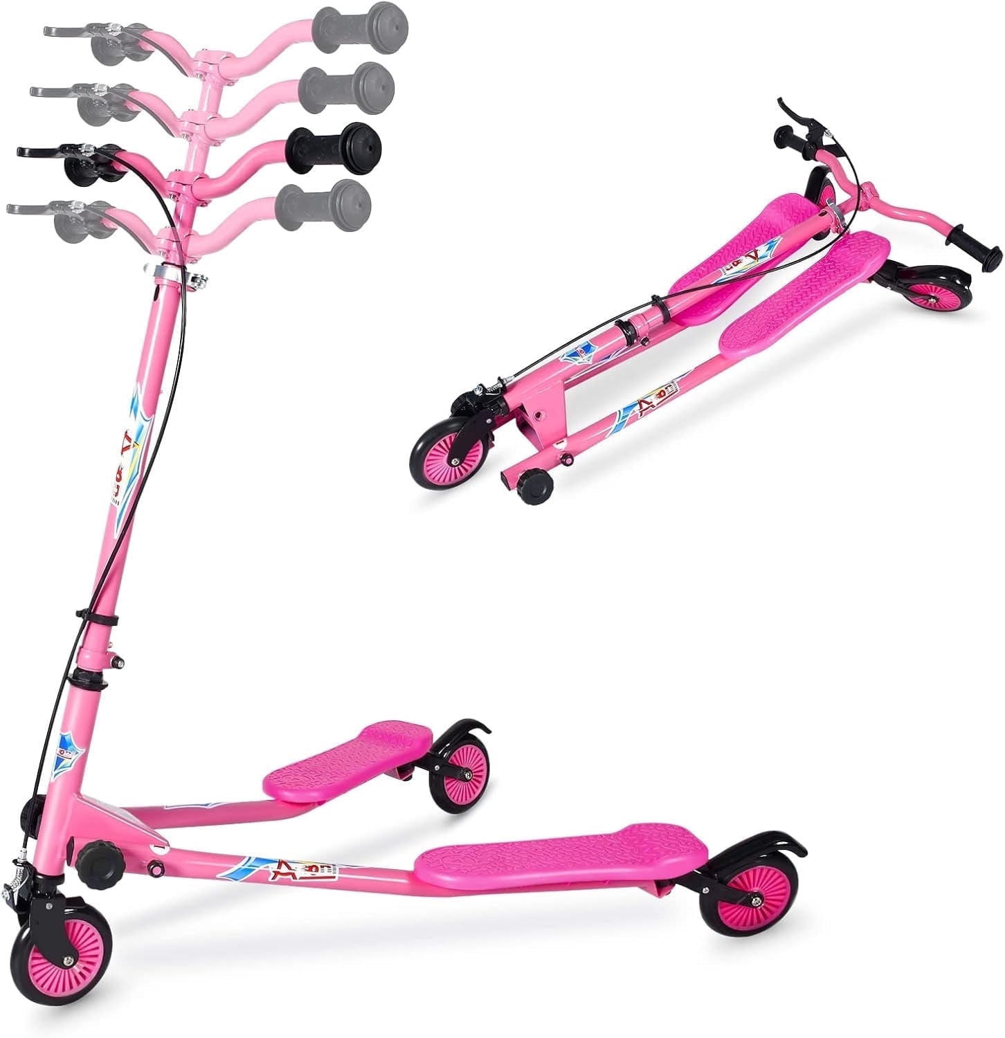 Wheelive Kids 3-Wheel Drift Scooter, Foldable Swing Kick Ride-On Toy with Adjustable Handlebar & Light-Up Wheels for Boys & Girls Ages 5–12, Pink