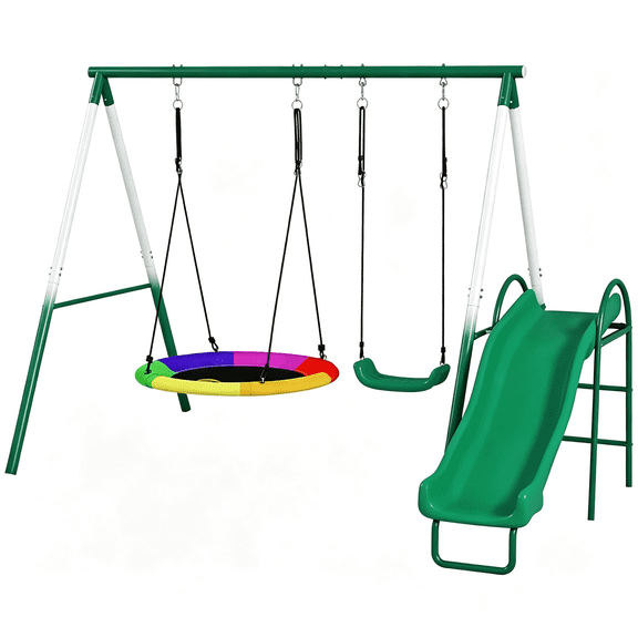 Kids Swing Set with Saucer Swing Seat Slide 265 lbs Capacity A-Frame Steel for Backyard Ages 3-8