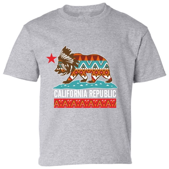 Kids T-Shirt California Tribal Bear Graphic Tee - XS S M L XL Tees - American State California Short Sleeve Youth Cali Tshirt Boys Girls