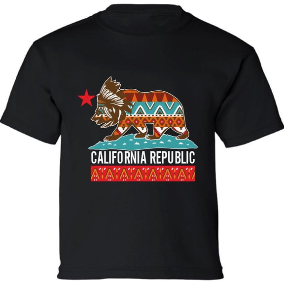 Kids T-Shirt California Tribal Bear Graphic Tee - XS S M L XL Tees - American State California Short Sleeve Youth Cali Tshirt Boys Girls