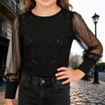 thumbnail image 1 of Kids T-Shirt Carnival Clothes For Kids Girls Dressy Shirt Shimmering Sequins Top Sheer Mesh Long Sleeve Tunic Shirt Holiday Party Crewneck Glitter Blouse Black 13-14 Years, 1 of 9
