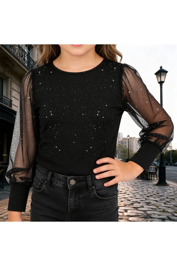 Kids T-Shirt Carnival Clothes For Kids Girls Dressy Shirt Shimmering Sequins Top Sheer Mesh Long Sleeve Tunic Shirt Holiday Party Crewneck Glitter Blouse Black 9-10 Years