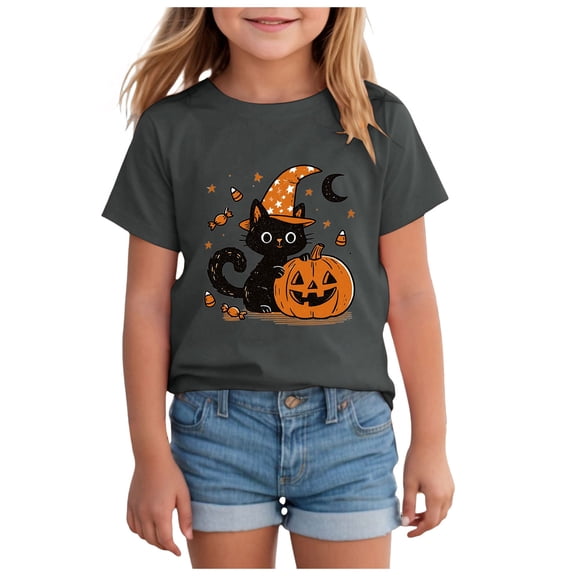 Kids T Shirt Cute Halloween Black Cat Tee Top Short Sleeve Crewneck Clothes for Girls 2-14 Years Old