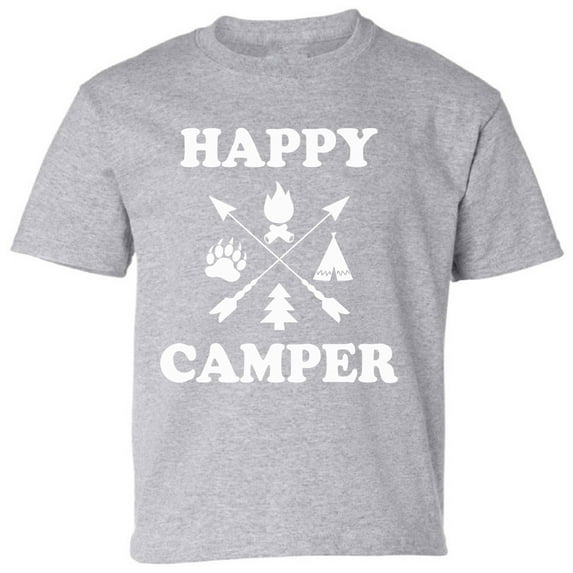 Kids T-Shirt Happy Camper White Graphic Tee - XS S M L XL Tees - Weekend Short Sleeve Youth Camping Tshirt Boys Girls