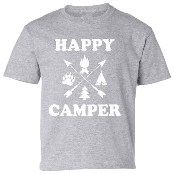 Kids T-Shirt Happy Camper White Graphic Tee - XS S M L XL Tees - Weekend Short Sleeve Youth Camping Tshirt Boys Girls