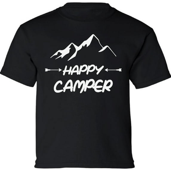 Kids T-Shirt Happy Camper White Mountains Graphic Tee - XS S M L XL Tees - Weekend Short Sleeve Youth Camping Tshirt Boys Girls