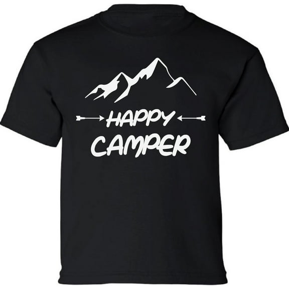 Kids T-Shirt Happy Camper White Mountains Graphic Tee - XS S M L XL Tees - Weekend Short Sleeve Youth Camping Tshirt Boys Girls
