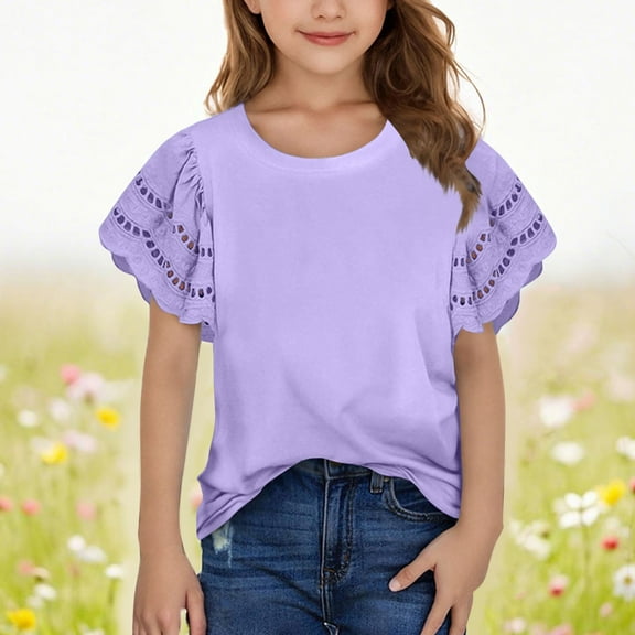 Kids T-Shirt, Short Sleeve Round Neck Top with Lace Detail, Casual Summer Tee for Boys and Girls^