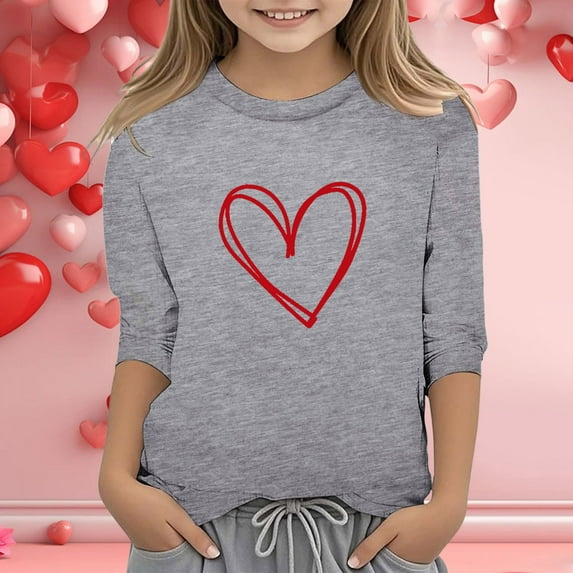 Kids T-Shirt Valentine'S Day Clothes For Girls' Valentine'S Day Print Fashion Functional Crew Neck 3/4 Quarter Sleeve Casual T Shirt Top Grey 9-10 Years