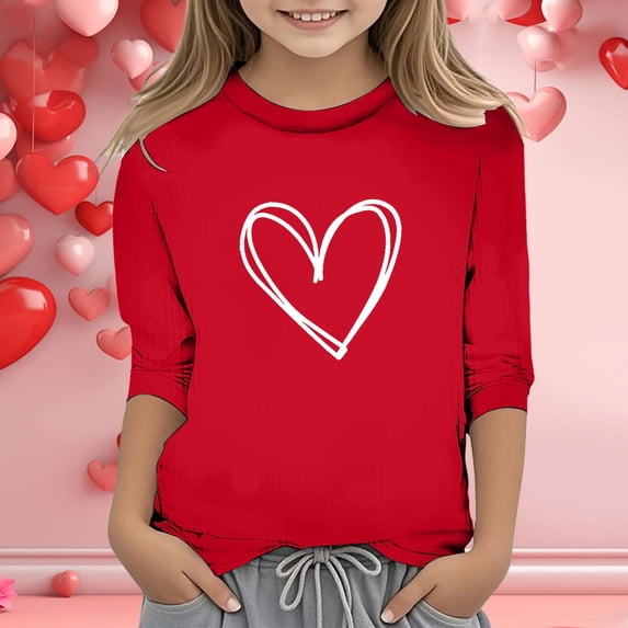 Kids T-Shirt Valentine'S Day Clothes For Girls' Valentine'S Day Print Fashion Functional Crew Neck 3/4 Quarter Sleeve Casual T Shirt Top Red 13-14 Years