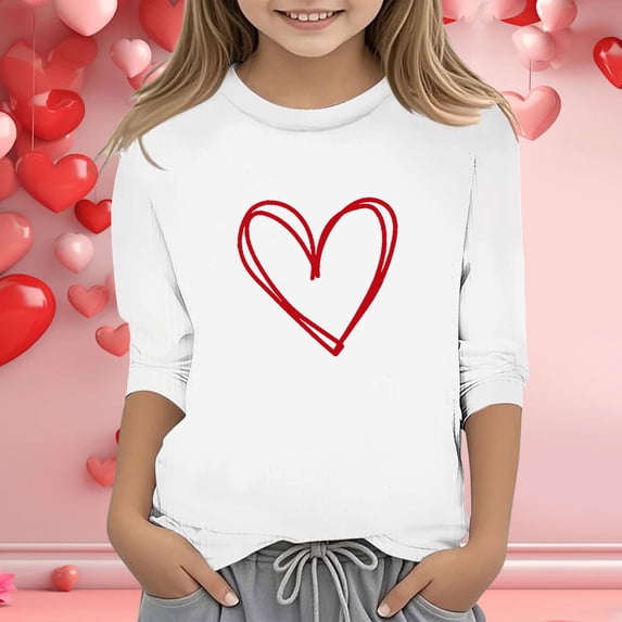 Kids T-Shirt Valentine'S Day Clothes For Girls' Valentine'S Day Print Fashion Functional Crew Neck 3/4 Quarter Sleeve Casual T Shirt Top White 3-4 Years