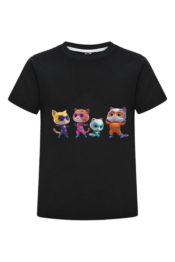 Kids T-Shirt with Super Kitties Design – Short Sleeve Cartoon Tee – Fun Cat Hero Outfit for Girls Boys – Summer Comfortable Cotton Top