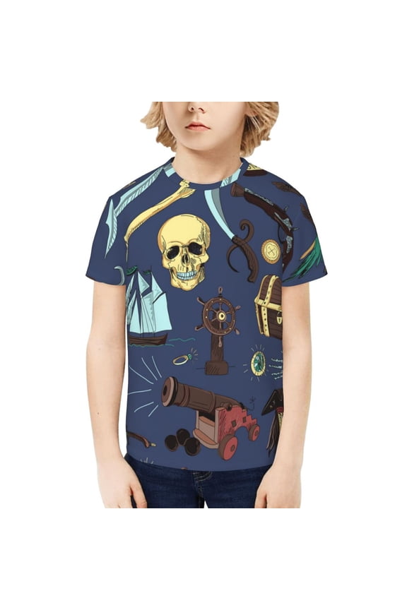 Kids T-Shirts 3D Graphic Tee for Boys Girls Fashion Casual Top, Pirates Skull Map Treasure Vintage