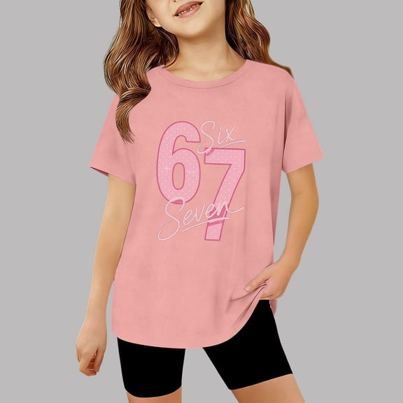 Kids T-Shirts 6 7 Six Seven Letter T-Shirts Comfortable Girls Fashion Graphic Print Loose Fit Tee Shirt Daily Wear Top For Children Youth Pink 130(7-8 Years)
