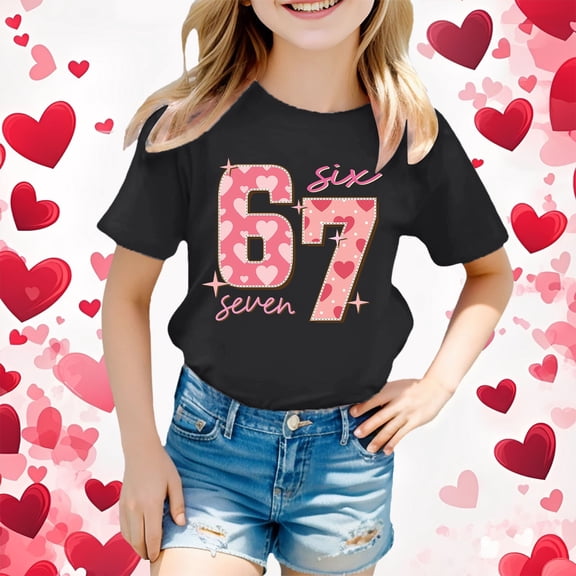 Kids T-Shirts 6 7 Six Seven Letter T-Shirts Comfortable Girls Summer Short Sleeve Cute Cartoon Digital Print Tee Shirt For Children Playwear Black 110(3-4 Years)