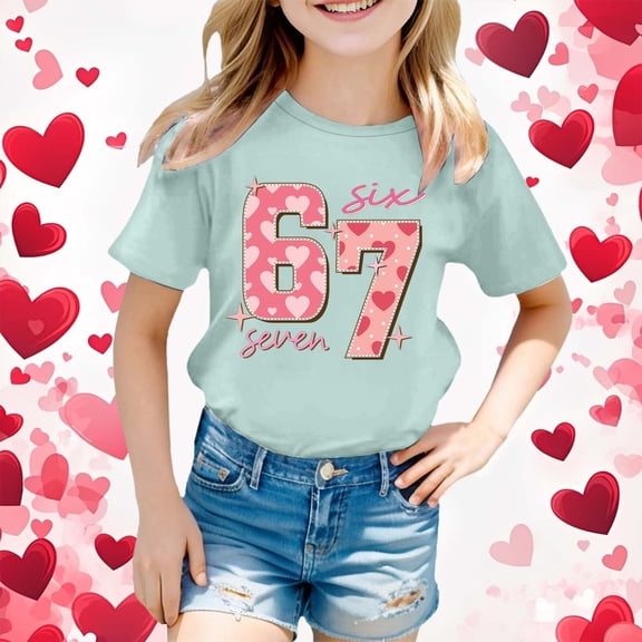 Kids T-Shirts 6 7 Six Seven Letter T-Shirts Comfortable Girls Summer Short Sleeve Cute Cartoon Digital Print Tee Shirt For Children Playwear Light Green 130(6-7 Years)