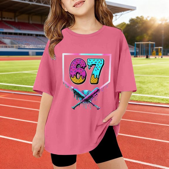 Kids T-Shirts 6 7 Six Seven Letter T-Shirts Comfortable Girls Summer Short Sleeve T Shirt Cute Cartoon Number Print Top For Children Lightweight Soft Tee Hot Pink 160(13-14 Years)