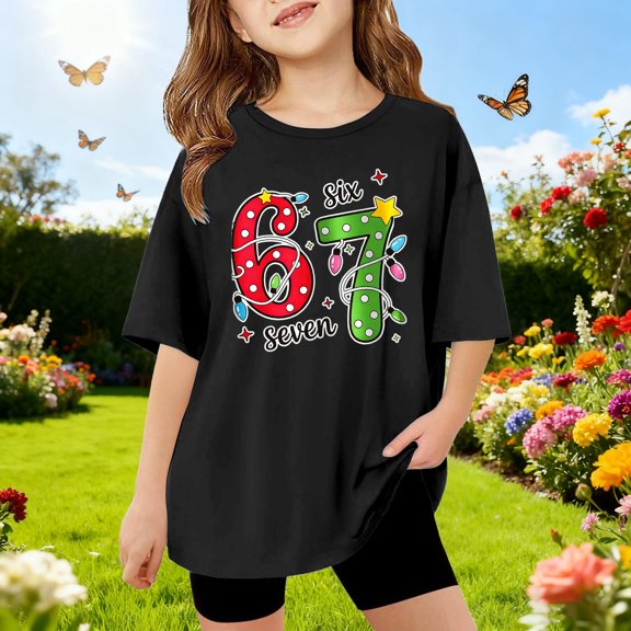 Kids T-Shirts 6 7 Six Seven Letter T-Shirts Comfortable Girls Summer Short Sleeve T Shirt Cute Cartoon Number Print Top Tee Shirt For Kids Youth Black 110(3-4 Years)