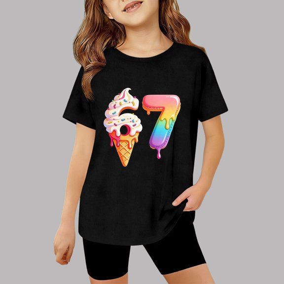 Kids T-Shirts 67 Six Seven Letter T-Shirts Comfortable Girls Fashion Graphic Print Loose Fit Tee Shirt Daily Wear For Children Youth Black 150(11-12 Years)