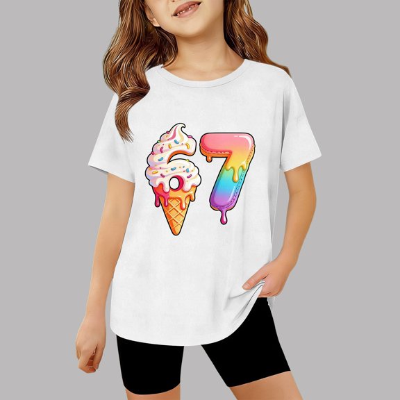 Kids T-Shirts 67 Six Seven Letter T-Shirts Comfortable Girls Fashion Graphic Print Loose Fit Tee Shirt Daily Wear For Children Youth White 120(5-6 Years)