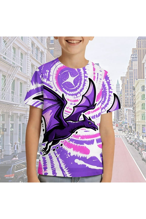 Kids T Shirts Cotton Tshirts Boys Short Sleeve Tee Tops Dino Graphic Crew Neck Shirts 3-13Y (Purple 8-9 Years)