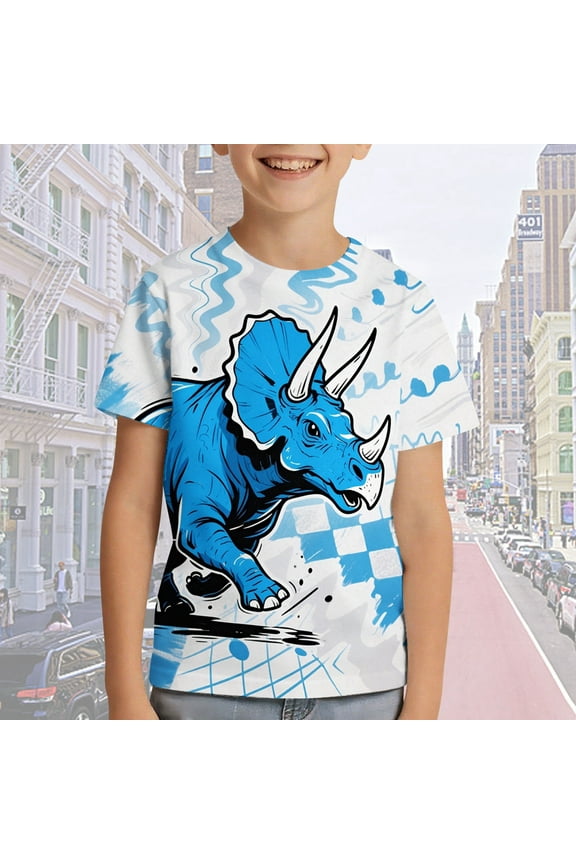 Kids T Shirts Cotton Tshirts Boys Short Sleeve Tee Tops Dino Graphic Crew Neck Shirts 3-13Y (Sky Blue 6-7 Years)