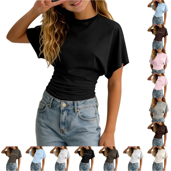 Kids T Shirts Short Sleeve Crew Neck Girls Black T Shirt Ruched Girls Tees 9-10 Years
