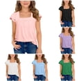 thumbnail image 1 of Kids T Shirts for Girls Ruffle Sleeve Square Neck Tshirts Basic Plain School Shirts for Girls 5-6 Years, 1 of 6
