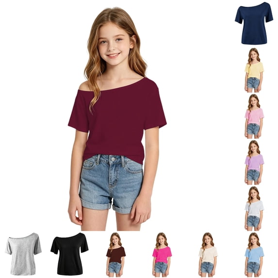 Kids T Shirts for Girls Short Sleeve Off Shoulder Tees Tops Slim Fit Girls Clothing 7-8 Years