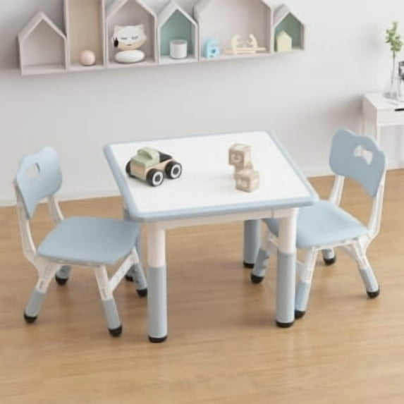 Kids Table & 2 Chair Set,Square Table and Chairs Set,Height Adjustable Toddler Table with Graffiti Desktop,Children Multi-Activity Table for 2,Kids Furniture for Ages 2-8