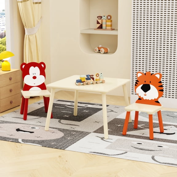 Kids Table and 2 Chairs Set  3 Piece Bear & Tiger Themed Toddler Activity Play Table with Solid Wood Legs, Rounded Corners, Easy Assembly, for Children's Room Playroom Kindergarten (Natural)