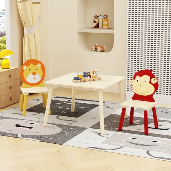 Kids Table and 2 Chairs Set, 3 Pieces Toddler Table and Chair Set, Wooden Activity Play Table Set, - Ideal for Arts & Crafts, Snack Time, Homeschooling, Homework & More (Lion&Monkey)
