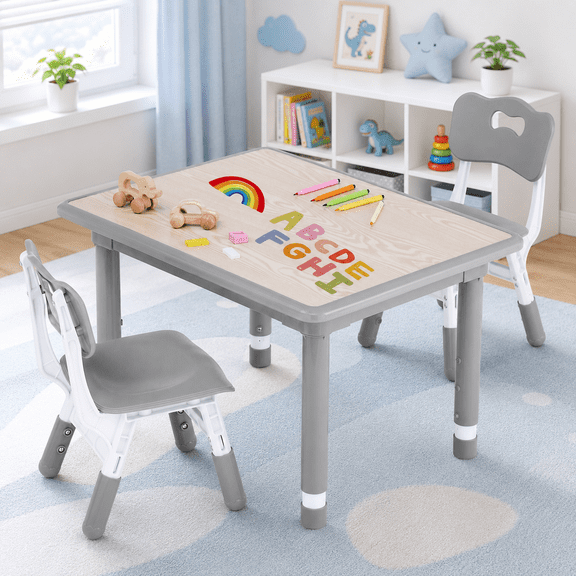 Kids Table and 2 Chairs Set, Height Adjustable (17.7"-26.1") Toddler Table and Chair Set, Multi-Activity Table with Graffiti Desktop, Children’s Table and Chairs for Classroom, Home & Daycare