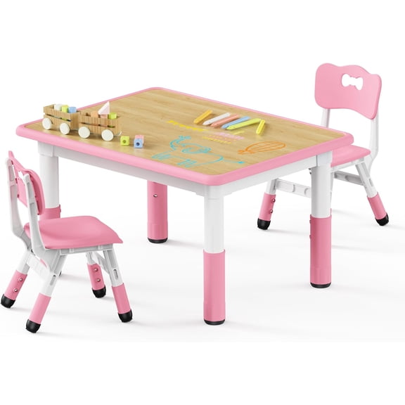 Kids Table and 2 Chairs Set, Height Adjustable Toddler Desk 31.5" L x 23.6" W and Chair Set, Graffiti Desktop, Classroom/Daycare/Home, Children Multi-Activity Table for Ages 3-8