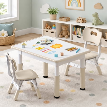 Kids Table and 2 Chairs Set, Height-Adjustable Toddler Table and Chair Set with Graffiti Desktop, 31.5''L x 23.6''W Children Activity Table for Daycare, Classroom, Home