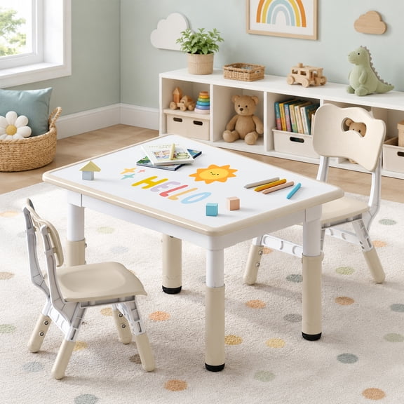 Kids Table and 2 Chairs Set, Height-Adjustable Toddler Table and Chair Set with Graffiti Desktop, 31.5''L x 23.6''W Children Activity Table for Daycare, Classroom, Home
