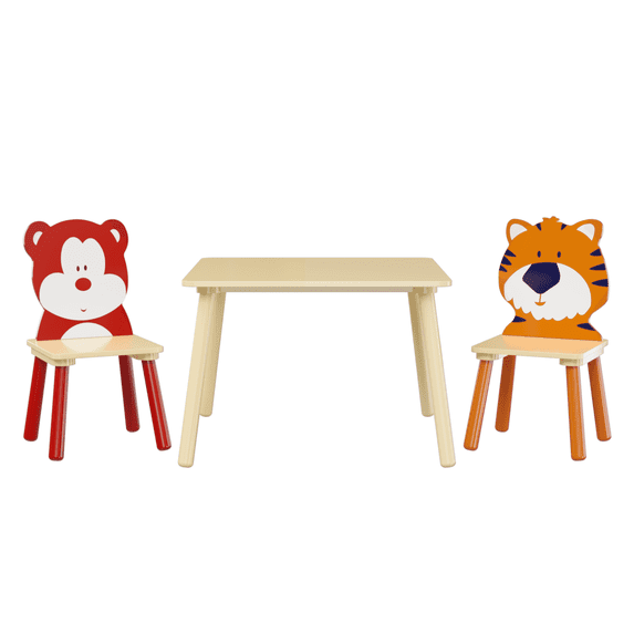 Kids Table and 2 Chairs Set, PAPROOS 3-Piece Wooden Table and Chairs Set for Toddler, Activity Table Play Table Study Table for Kids, Bear & Tiger Set for Playroom, Classroom