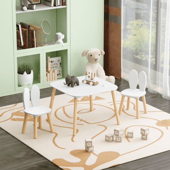 Kids Table and 2 Chairs Set, Wood Children Activity Table, 2 Animals Chairs for Reading, Drawing, Eating