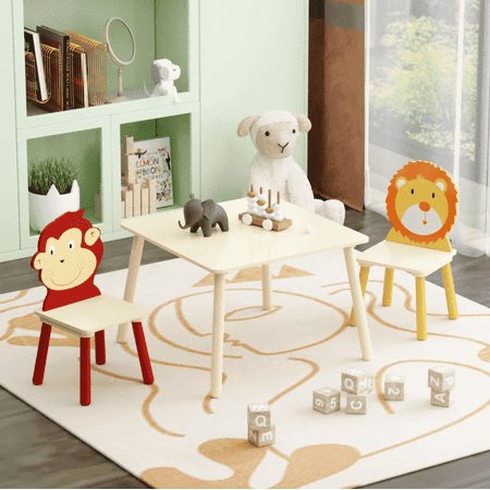 Kids Table and 2 Chairs Set, Wood Children Activity Table, Animals Chairs for Reading, Drawing, Kids Tables for Daycare, Kindergarten, Home