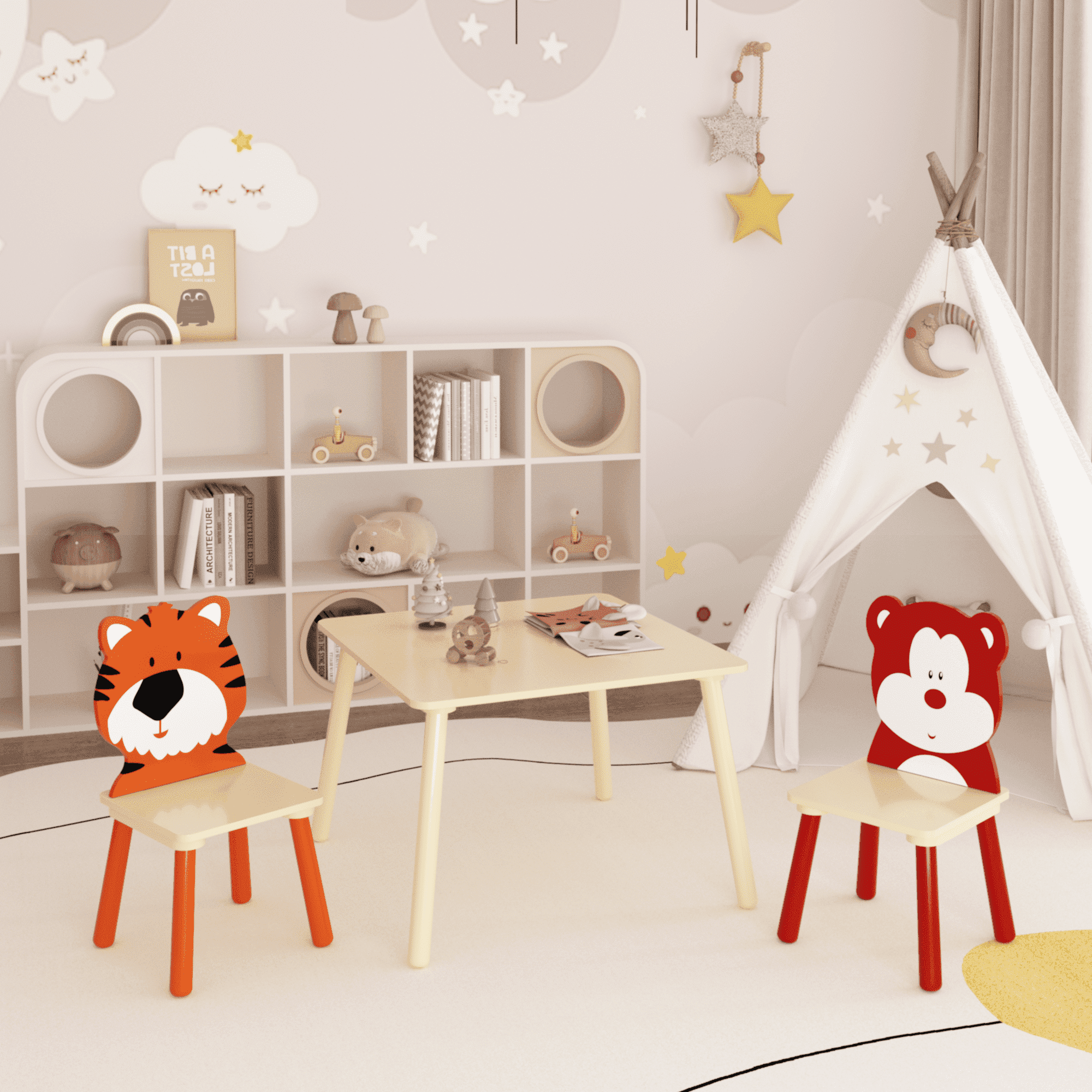 Kids Table and 2 Chairs Set, Wood Children Activity Table Drawing Play Chair Set, 2 Animals Chairs for Reading, Drawing, Eating, Multifunctional Kids Tables for Daycare, Kindergarten, Home