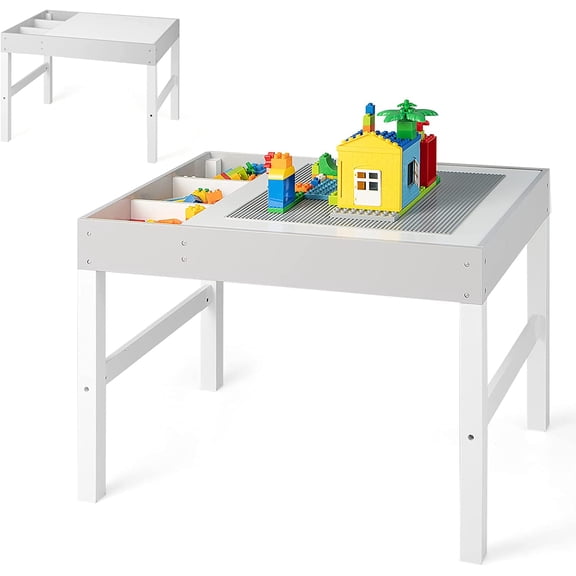Kids Table, 3 in 1 Toddler Wooden Activity Table, Convertible Building Block Tabletop, 3 Storage Compartments, Children Furniture Set for Daycare, Playroom (White)