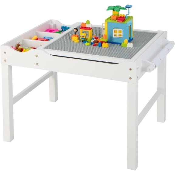 Kids Table, 3 in 1 Wood Building Block Desk w/Storage, Paper Roll, Reversible Tabletop for Toddler Arts, Crafts, Drawing, Reading, Playing, Gift for Boys Girls, Activity Table (White)