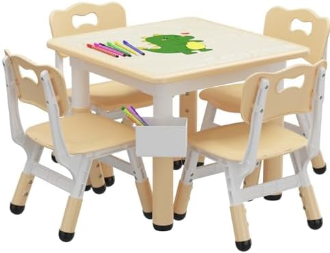 Kids Table and 4 Chair Set with Storage Box, Height Adjustable Toddler ...