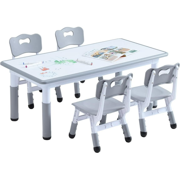 Kids Table and 4 Chairs Set, Height Adjustable Toddler Table and Chair Set, Toddler Desk with Graffiti Desktop & Non-Slip Legs, Children Activity Table for Daycare, Classroom
