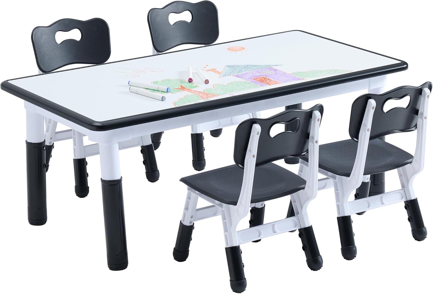 Kids Table and 4 Chairs Set, Height Adjustable Toddler Table and Chair Set, Toddler Desk with Graffiti Desktop & Non-Slip Legs, Children Activity Table for Daycare, Classroom