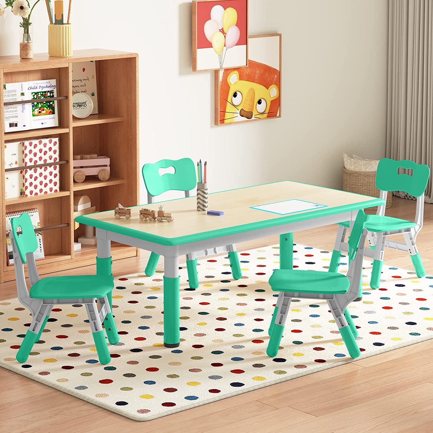 Kids Table with 4 Chairs Set, Linor Multi Levels Height Adjustable Toddler Table and Chairs Set