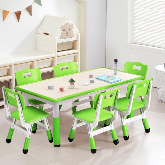 Kids Table and 6 Chair Set,Height Adjustable Toddler Arts & Crafts Table and Chair Set for Ages 2-10,Max 300lbs Kids Activity Art Table for Classroom Daycares, Home