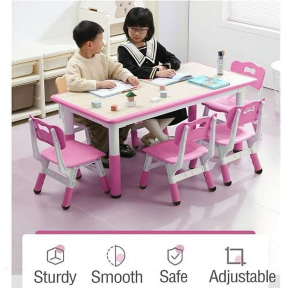 Kids Table & 6 Chairs Set, Height Adjustable Arts & Crafts Table with Graffiti Desktop for Ages 2-10