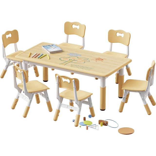 Kids Table and 6 Chairs Set, Height Adjustable Toddler Table and Chair Set, Graffiti Desktop