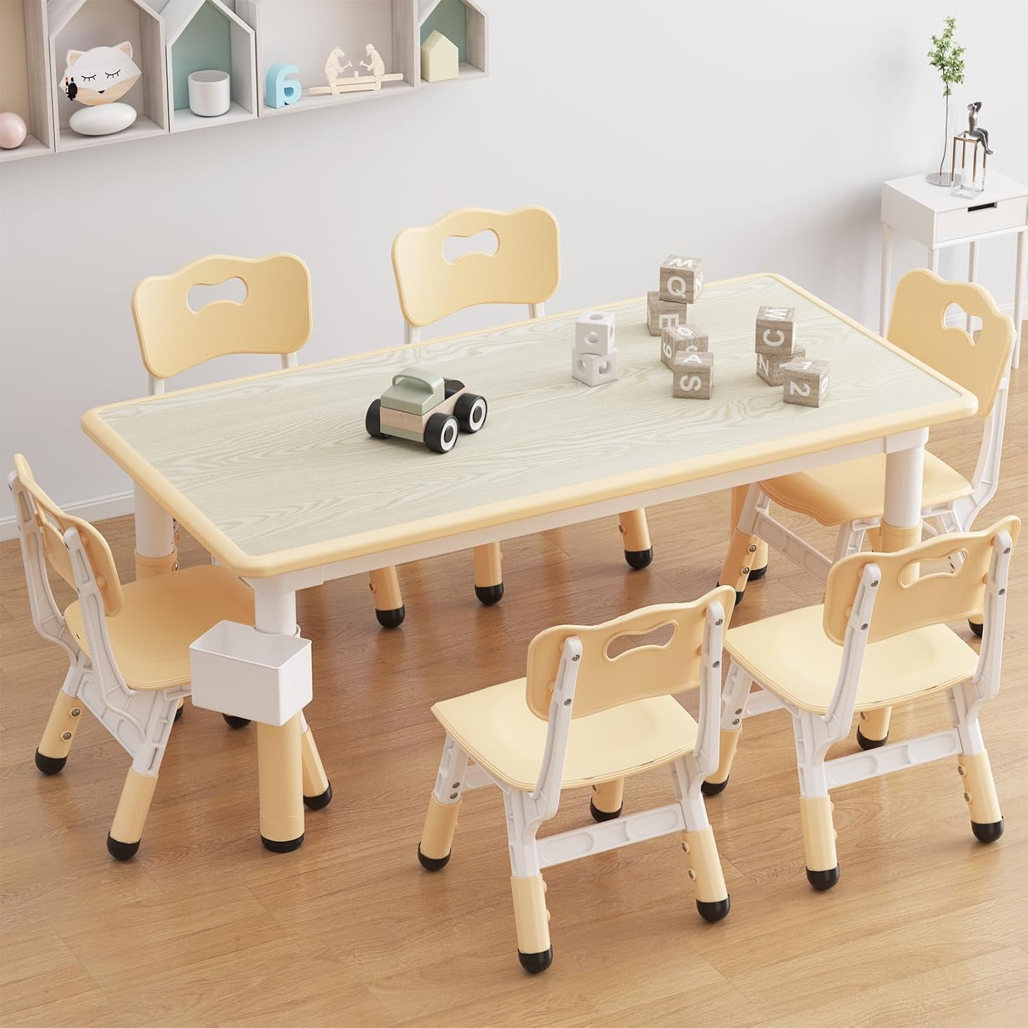 Kids Table and 6 Chairs Set, Height Adjustable Toddler Table and Chair Set, Graffiti Desktop, Children Study Table for 6 for Home Daycare Preschool for Ages 2-10
